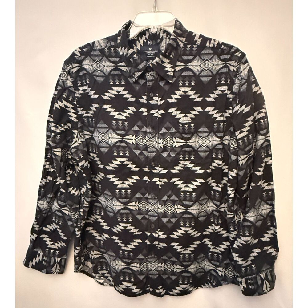 American Eagle Men's Long Sleeve Button Up Shirt Black Gray Aztec Geometric